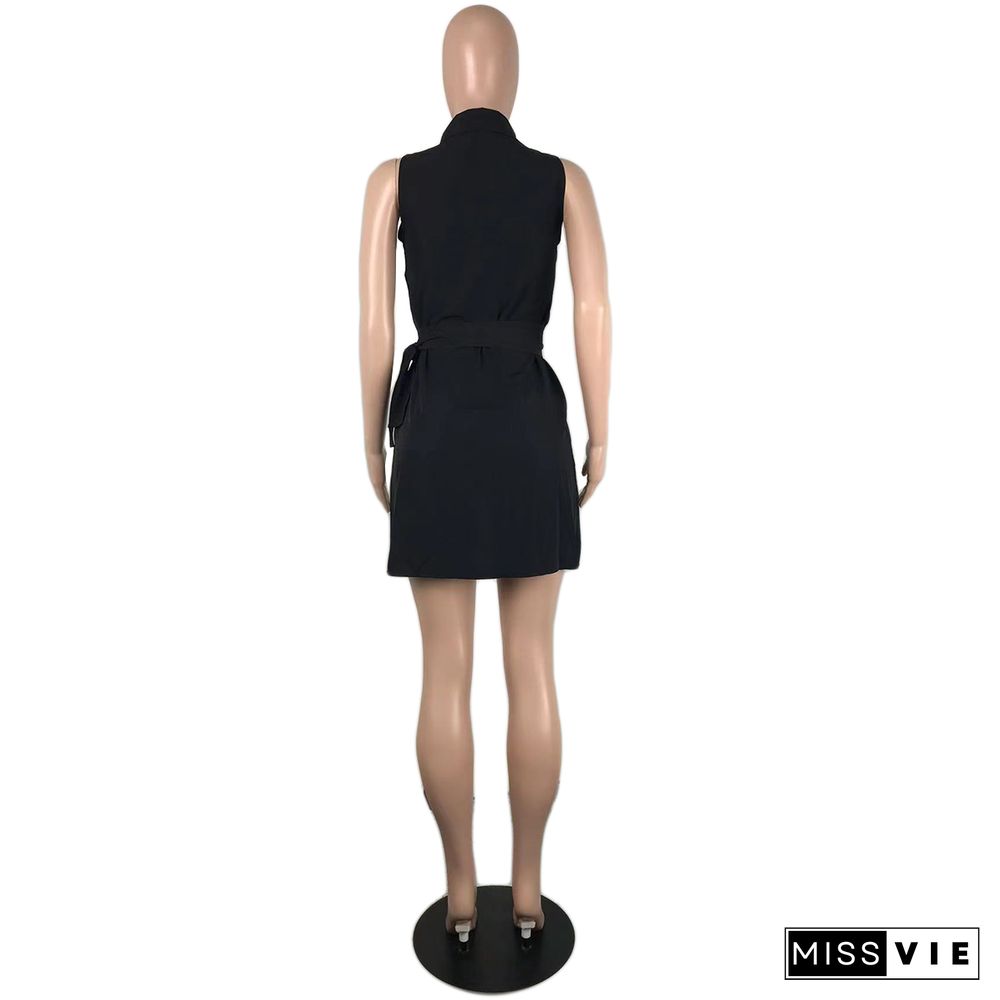 Turn Down Collar Sleeveless Lace Up Elegant Dress