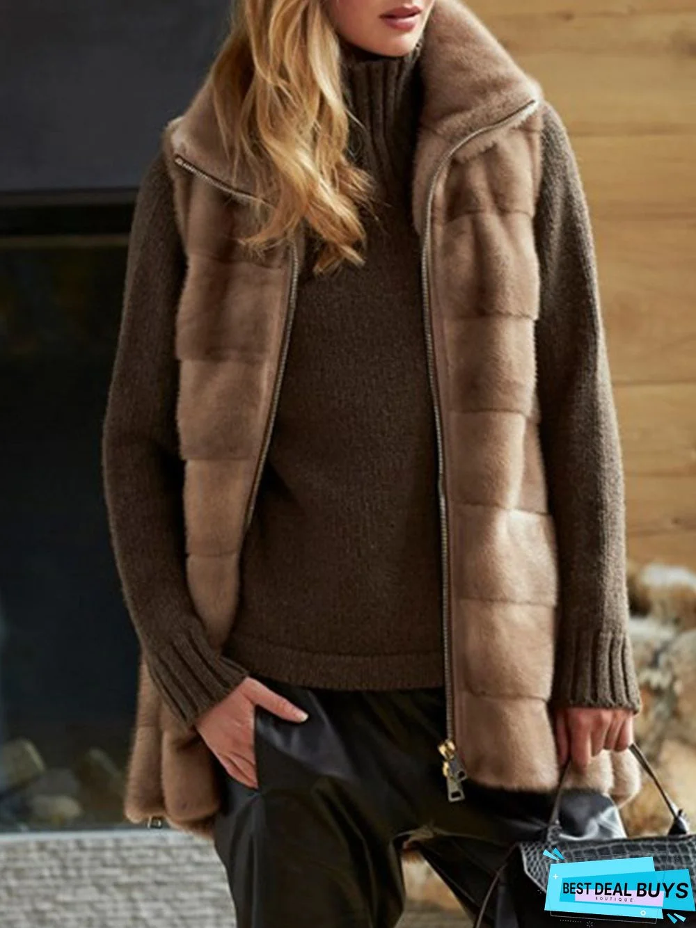 Black-Brown Solid Turtleneck Knitted Long Sleeve Plus Size Sweater