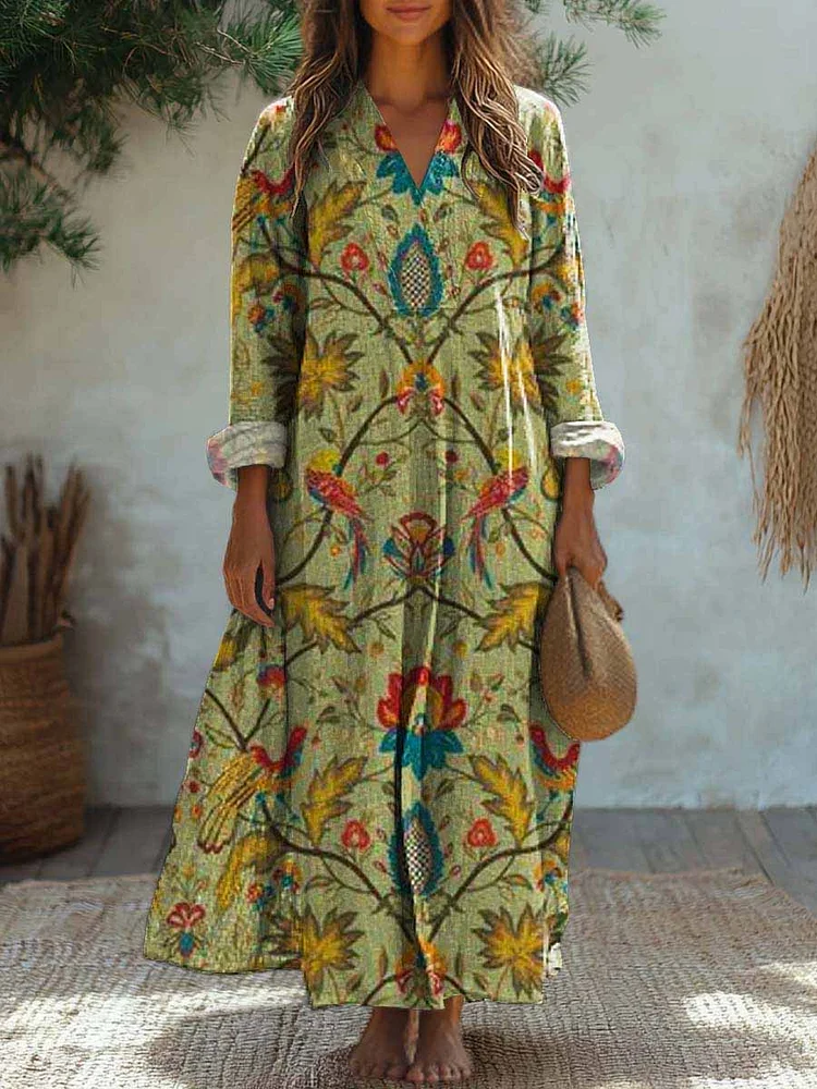 WomenS Vintage Floral Pattern Long-Sleeved Cotton And Linen Dress