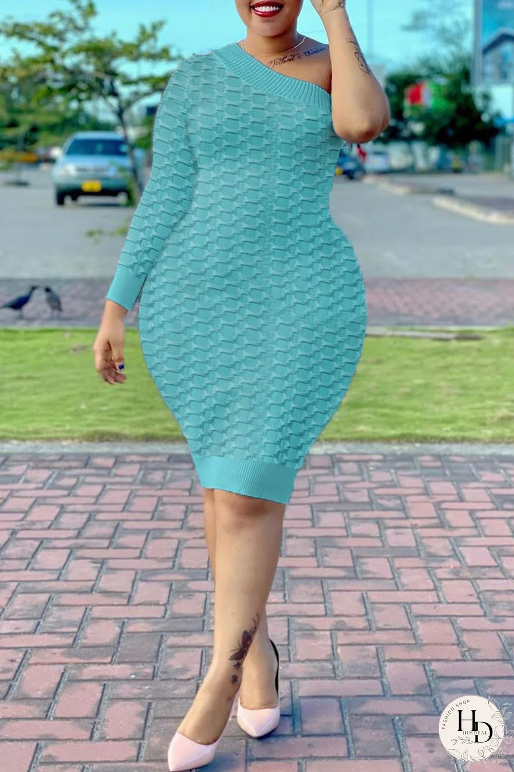 Sky Blue Fashion Sexy Solid Split Joint One Shoulder One Step Skirt Dresses