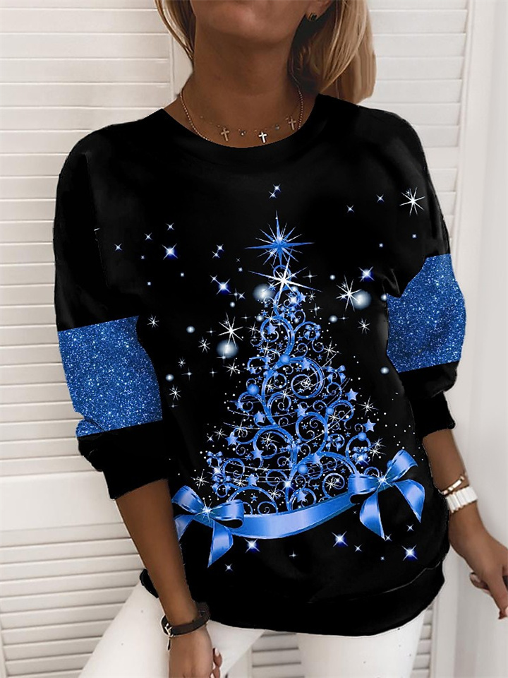 Women‘s Plus Size Christmas Tops Pullover Sweatshirt Polka Dot Tree Print Long Sleeve Crew Neck Casual Holiday Festival Daily Polyester Winter Fall Green Black / Vacation / Weekend