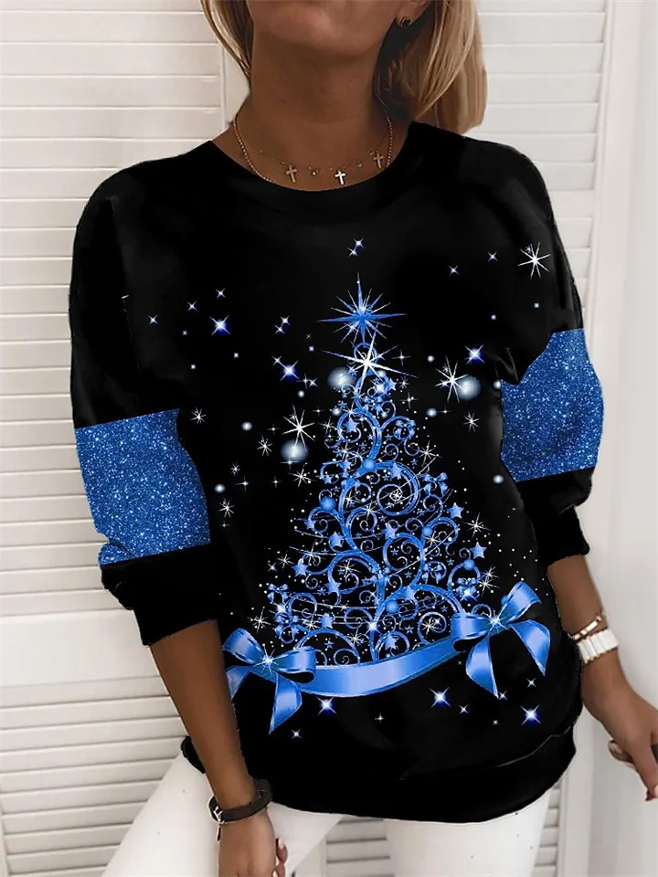 Women‘s Plus Size Christmas Tops Pullover Sweatshirt Polka Dot Tree Print Long Sleeve Crew Neck Casual Holiday Festival Daily Polyester Winter Fall Green Black / Vacation / Weekend-Cosfine