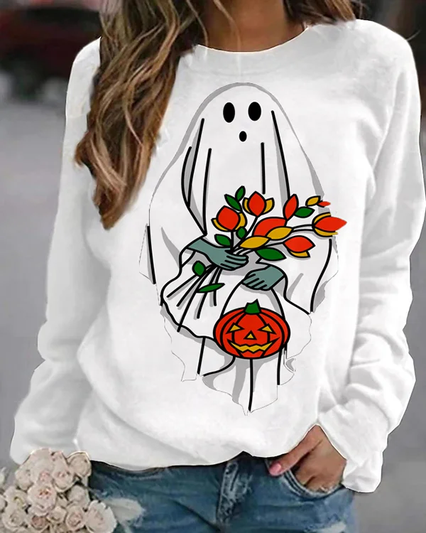 Women's Halloween Print Crew Neck Long Sleeve T-shirt