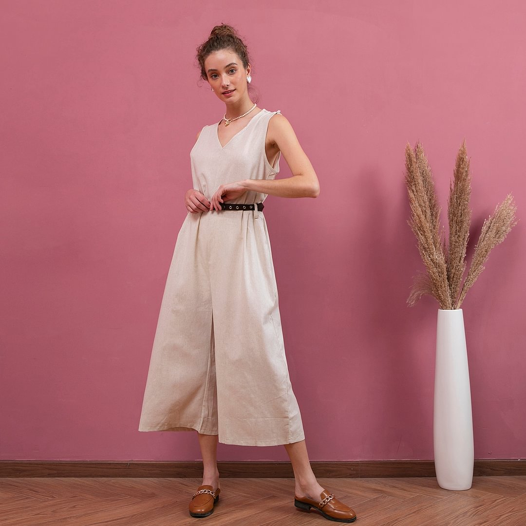 Women's Sleeveless V-Neck Cotton Linen Jumpsuit