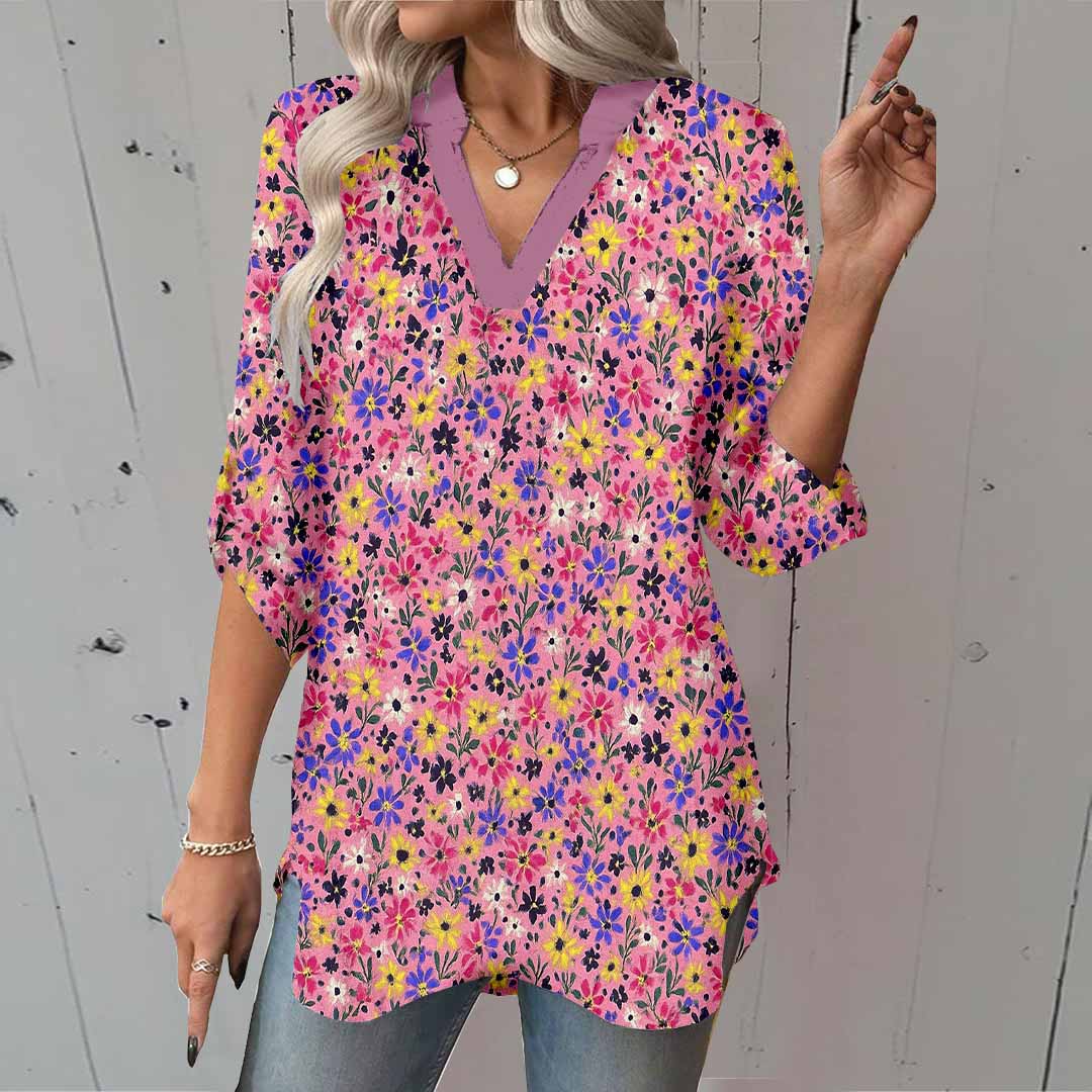 Women Floral,  Red,  Purple DZGA0417 3/4 Sleeve V-neck Printed Graphic Button Tops