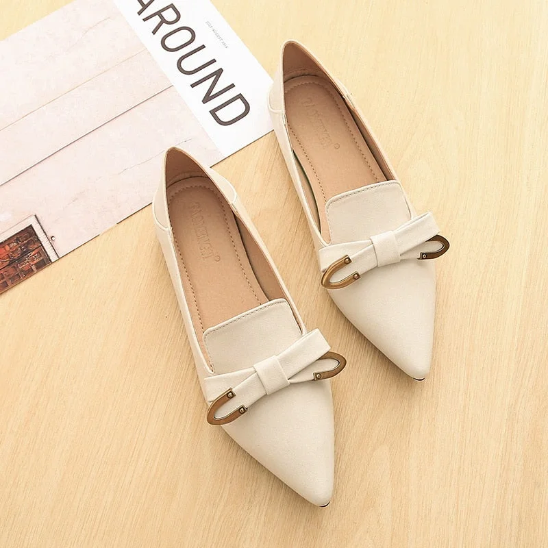 Pointed Toe Flats Womens Metal Buckle Single Shoes Cloth Belt Ballerina Loafers Slip On Lady Office Shoes Dress Leather Creepers