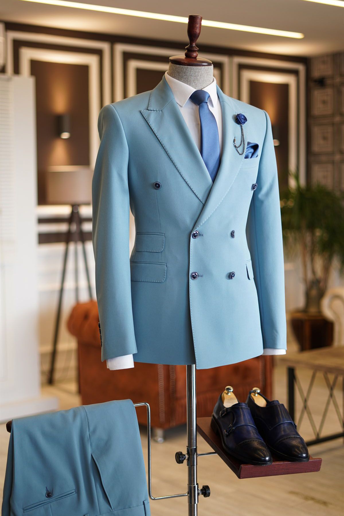 Oknass Stylish Double Breasted Groom Suit Sky Blue With Peaked Lapel 