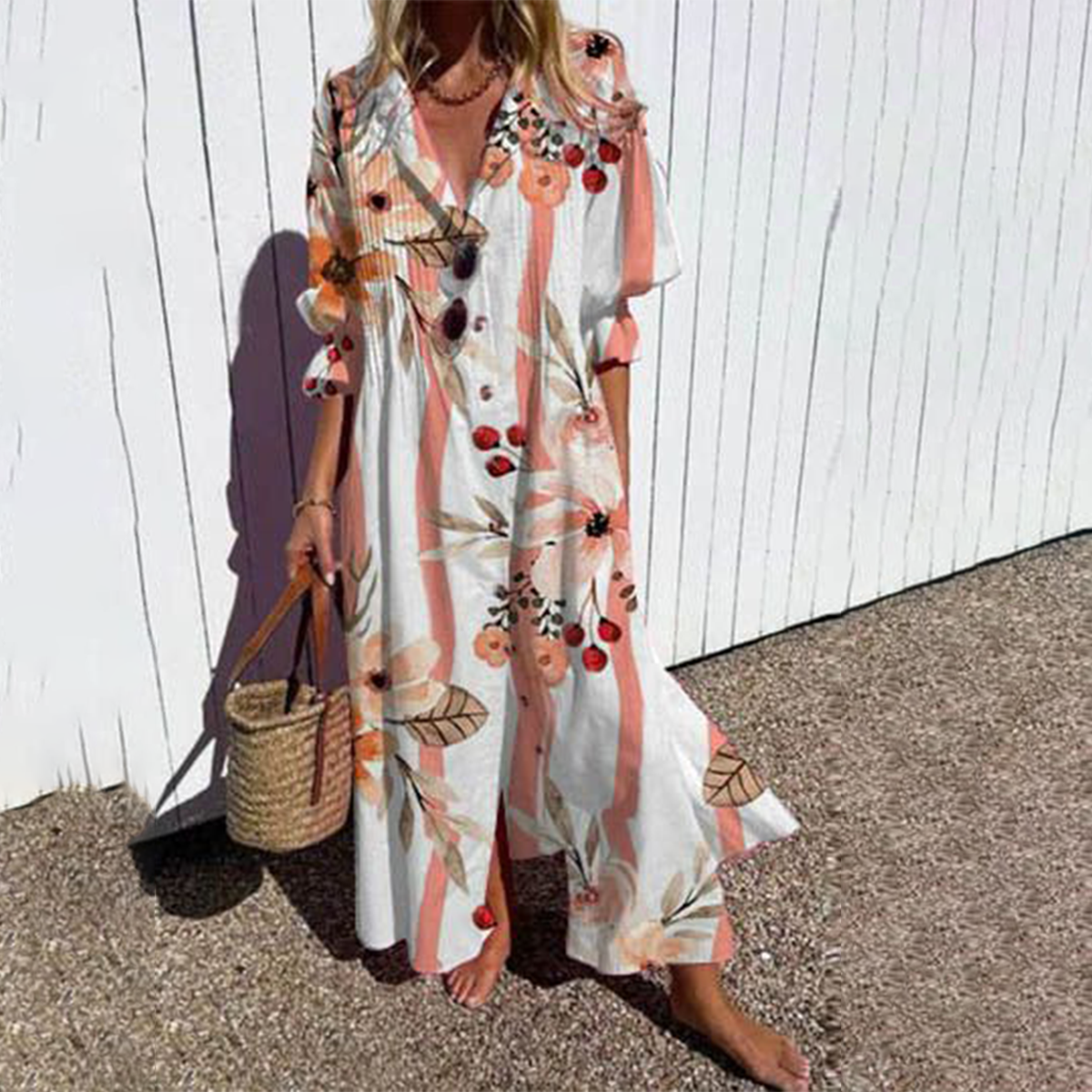 Popular Half Sleeve V-Neck Maxi Dress