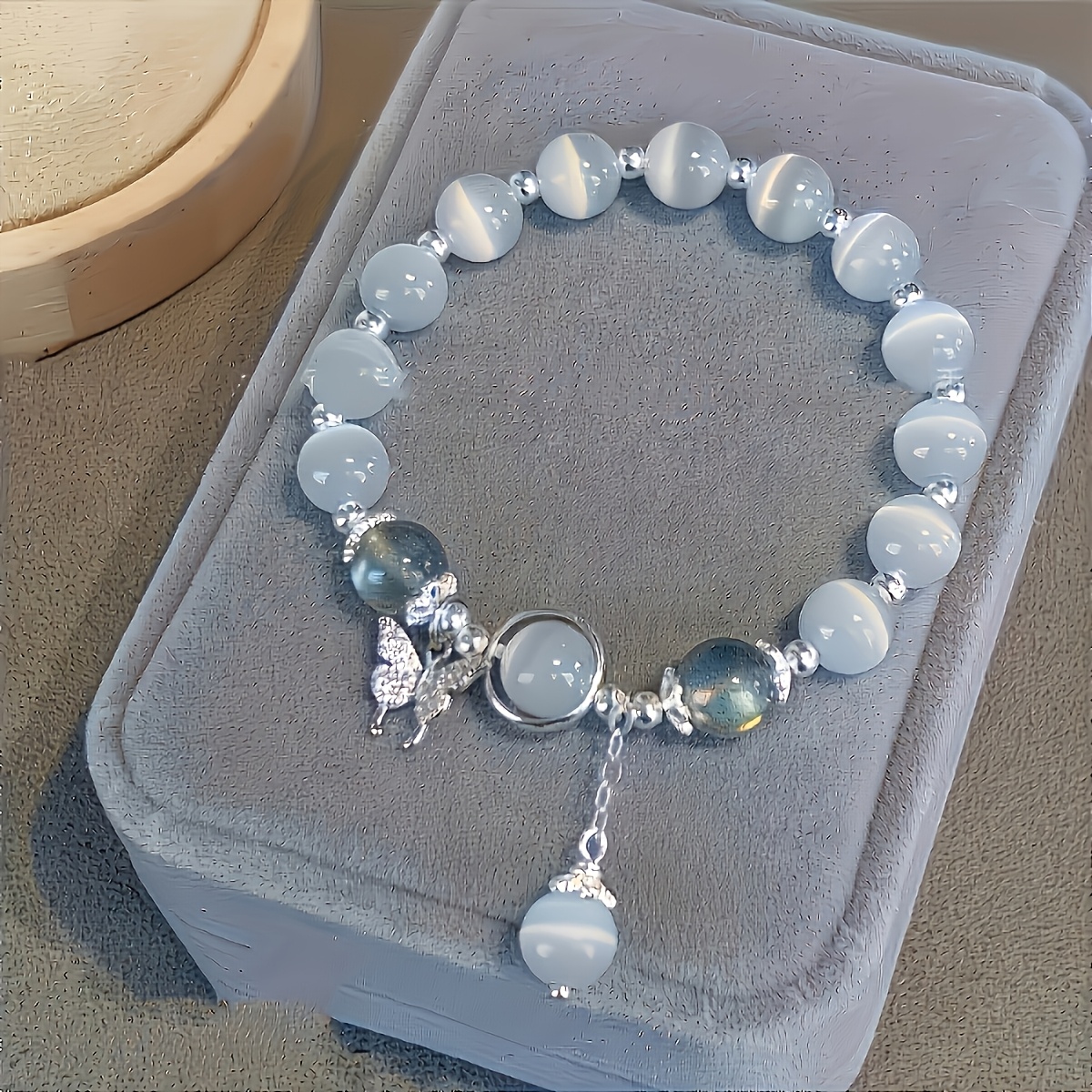 Elegant Gray Glass Cat Eye Stone Bracelet with Star & Butterfly Charms - Luxurious Daily Accessory, Ideal Valentine's Gift for Her, Glass, Decoration