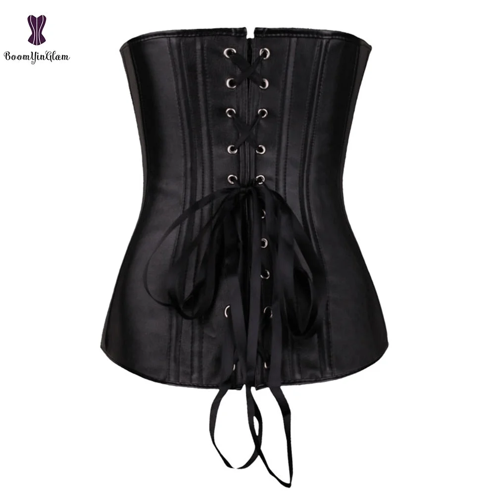 Push Up Women Black Faux Leather Bustier Burlesque Basque Fancy Dress Corset With G String 834#