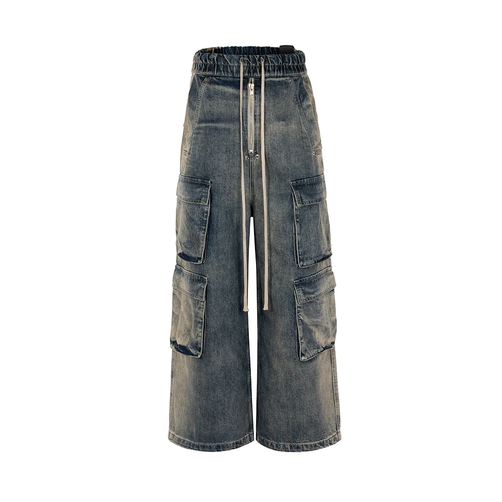 Abebey-RO Style Gradient Ribbons Multi-pockets Drawstring Jeans for Men Harajuku Streetwear Baggy Y2K Denim Trousers Oversized Cargos