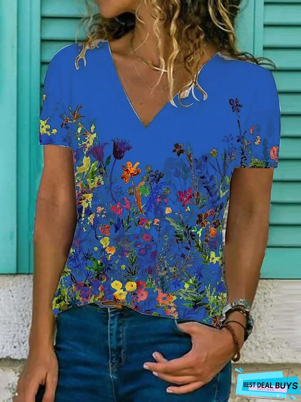 Women's Floral Theme T-Shirt Floral Flower Print V Neck Tops Basic Top White Black Blue
