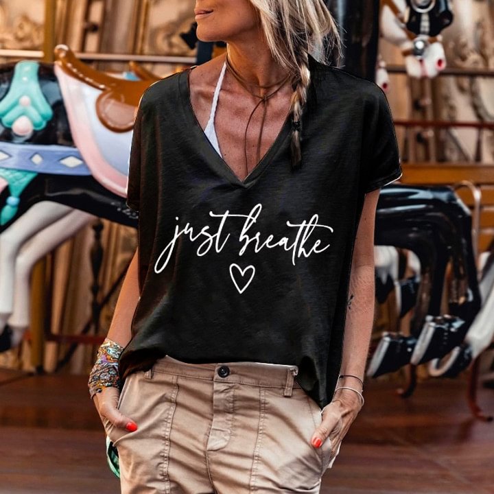 Just Breathe Love Sketch Simple Style Print T-shirt For Women
