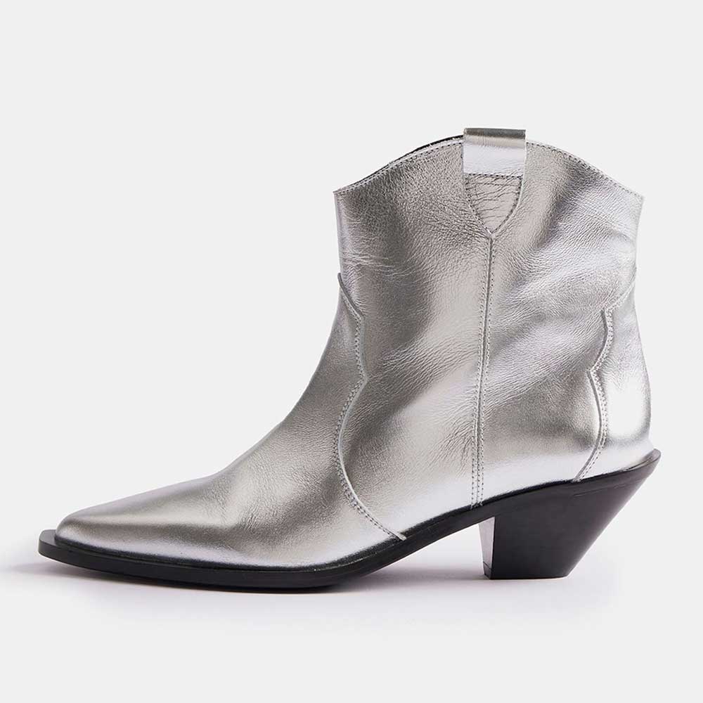 Silver Metallic Finished Booties Pointy Toe Chunky Heel Cowgirl Boots Nicepairs