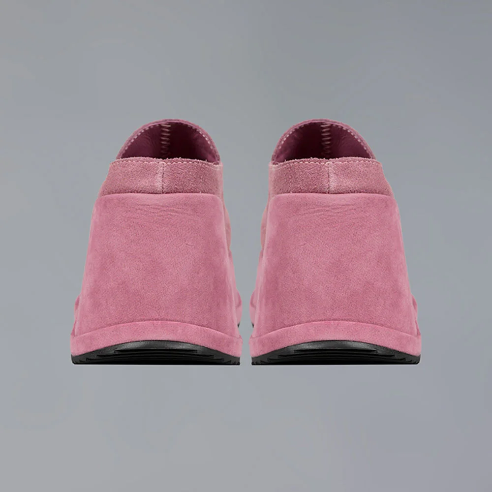 Vegan Suede Wedge Heel Platform Slip On Mules for Women in Pink