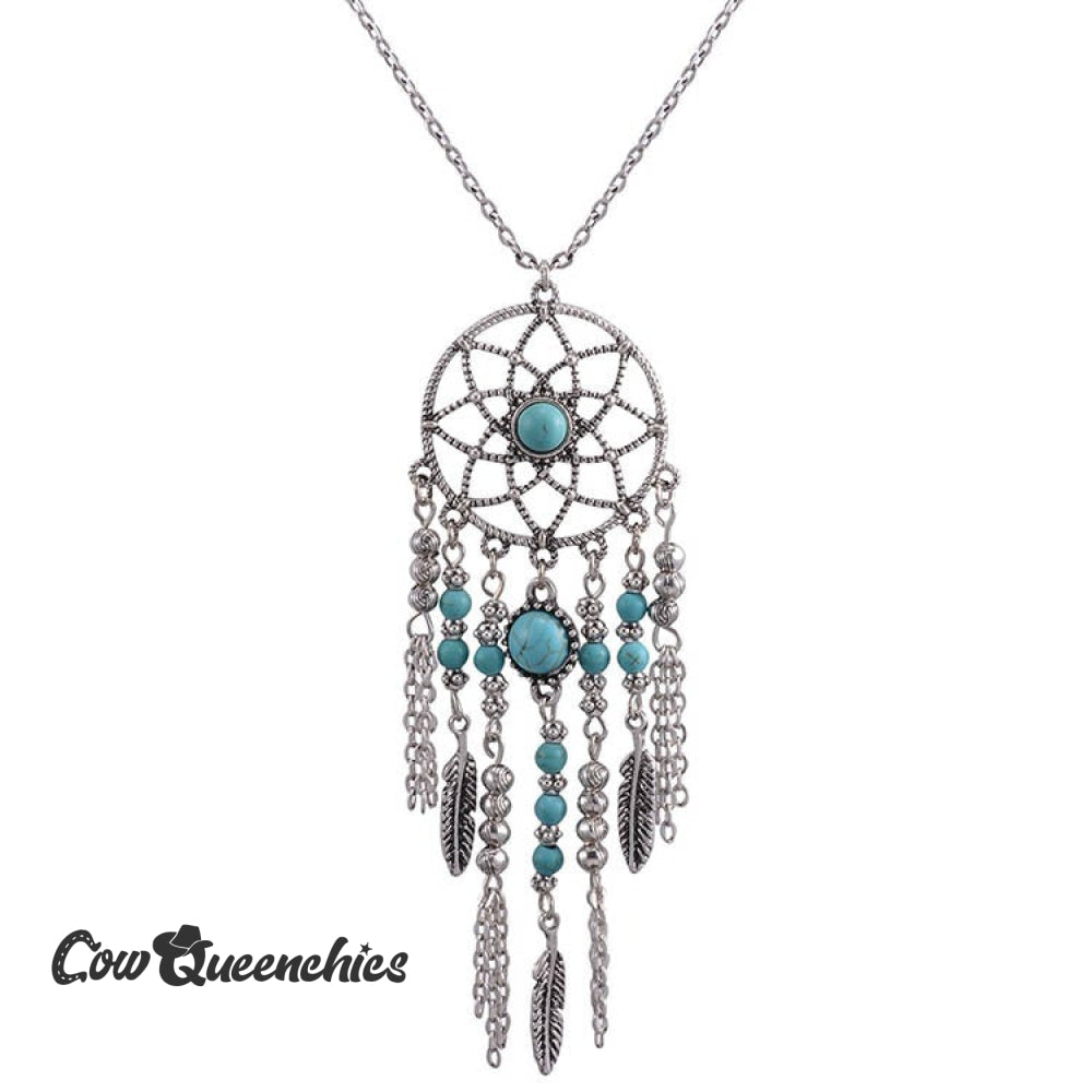 Feather Turquoise Tassel Necklace Green / One Size
