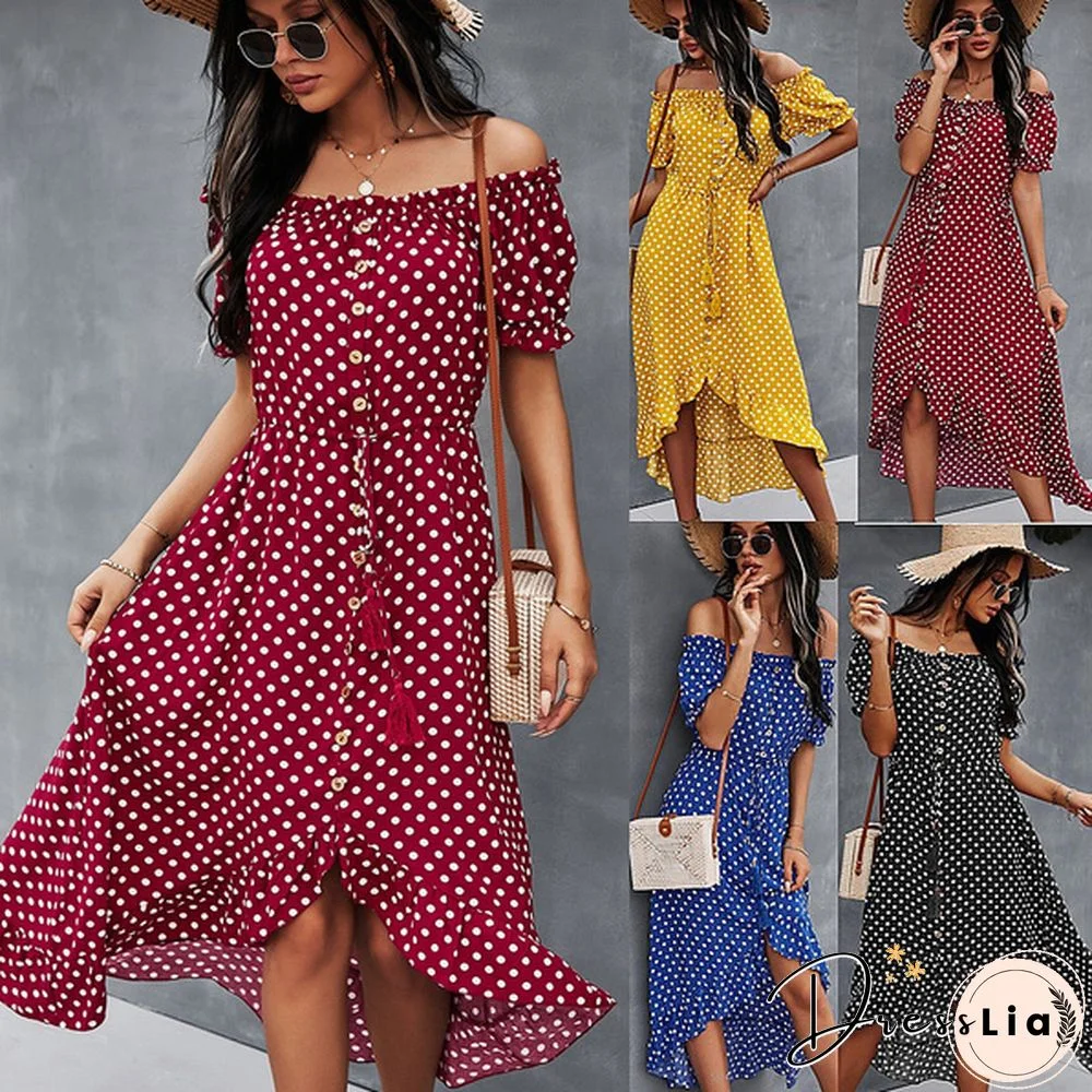 New Ladies Dot Polka Print Dress Women Tassel Button Off The Shoulder Dress For Woman Sexy Slash Neck Spring Summer Dress