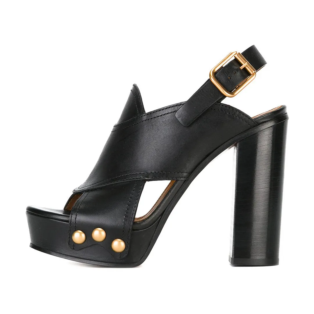 Cutout Open Toe Block Heel Studded Platform Chunky Sandals in Black