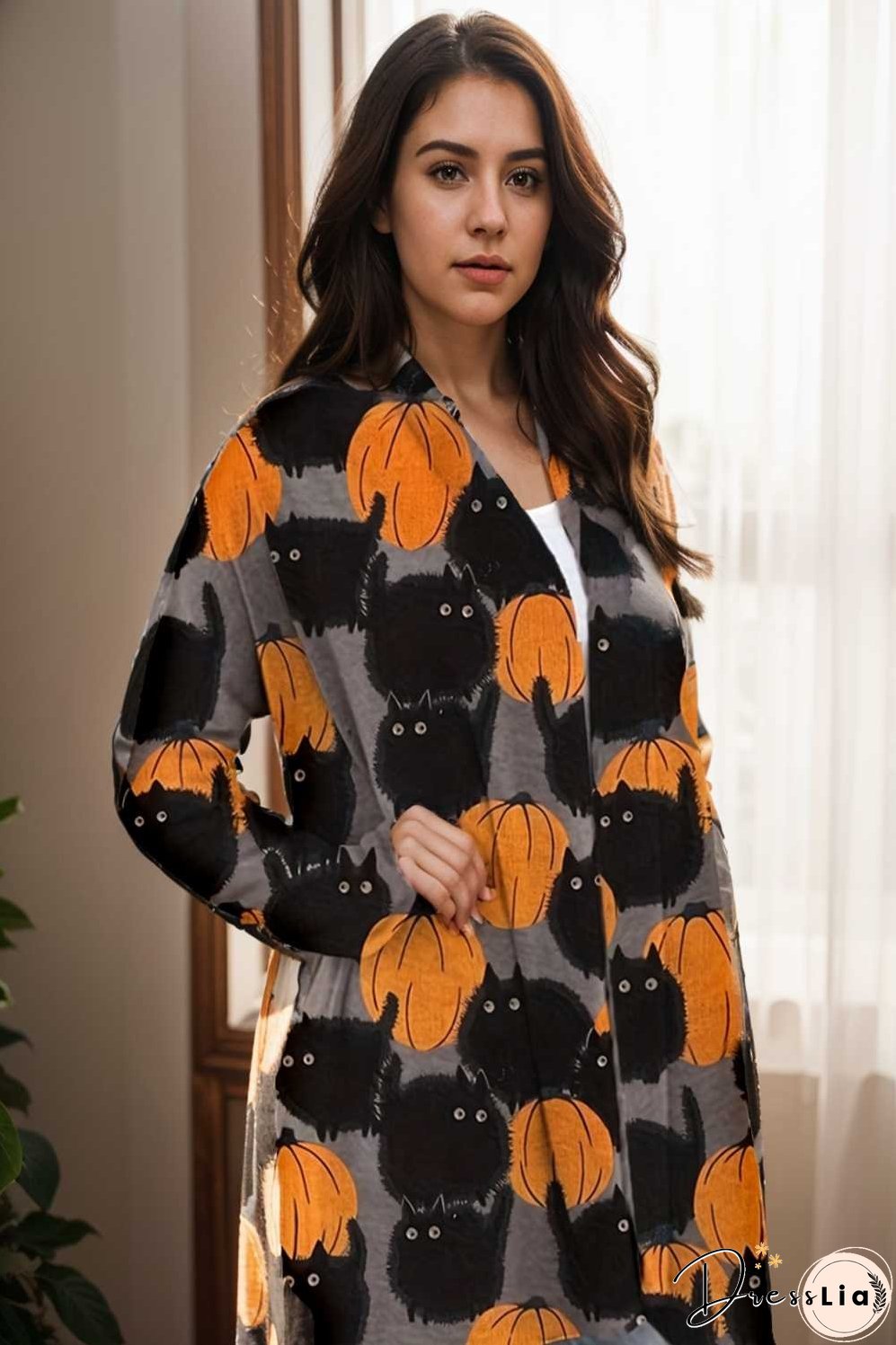 plus size halloween coat women s pus allover cat pumpkin print long sleeve open front medium stretch cardigan overcoat