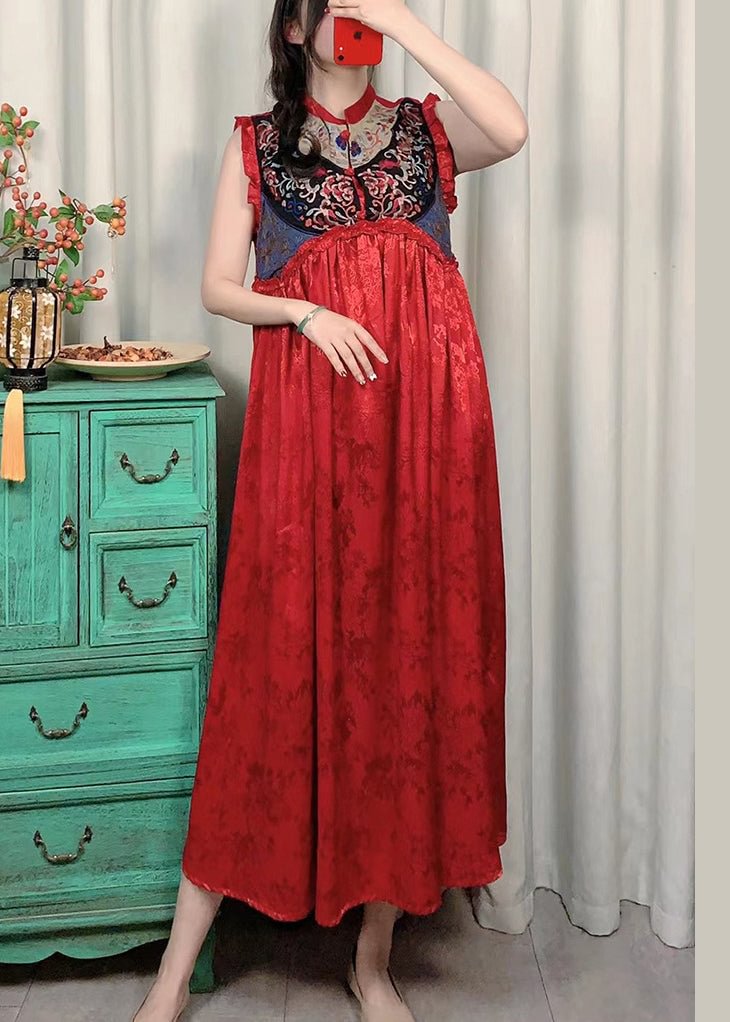Boutique Red Ruffled Patchwork Embroideried Jacquard Dresses Sleeveless