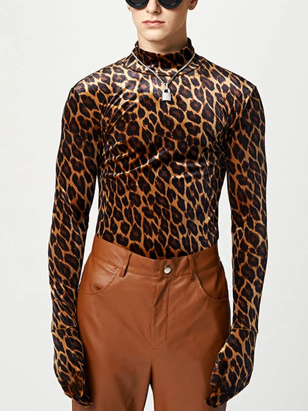 Aonga - Mens Leopard Pattern High Neck Velvet Gloves T-shirt