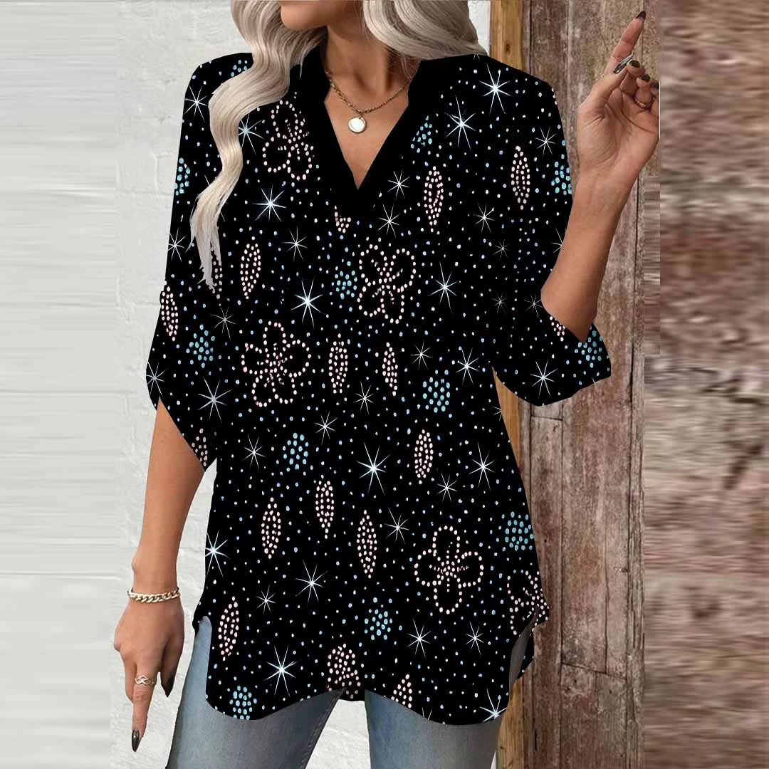Women Shiny, Black, Blue DZGA0662 3/4 Sleeve V-neck Printed Graphic Button Tops