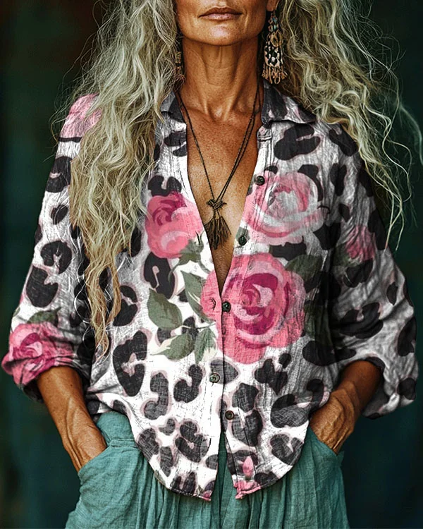 Women's Vintage Leopard Rose Print Casual Long Sleeve Western Shirt