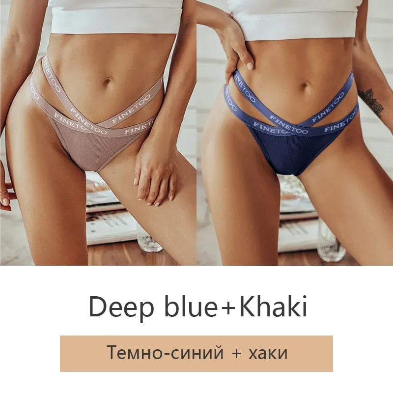 FINETOO 2Pcs/set Sexy Thongs Women Cotton G-string Panties Letter Bikini Underwear Girls Cross Belt Low-rise Underpants Lingerie