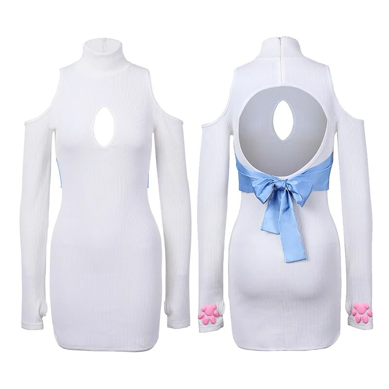 Billionm OJBK Japanese Anime Cosplay Costumes Kawaii Turtleneck Sweater 3D Kitten Claw Dress Sweet Backless Bow Bodycon Dress Plus Size