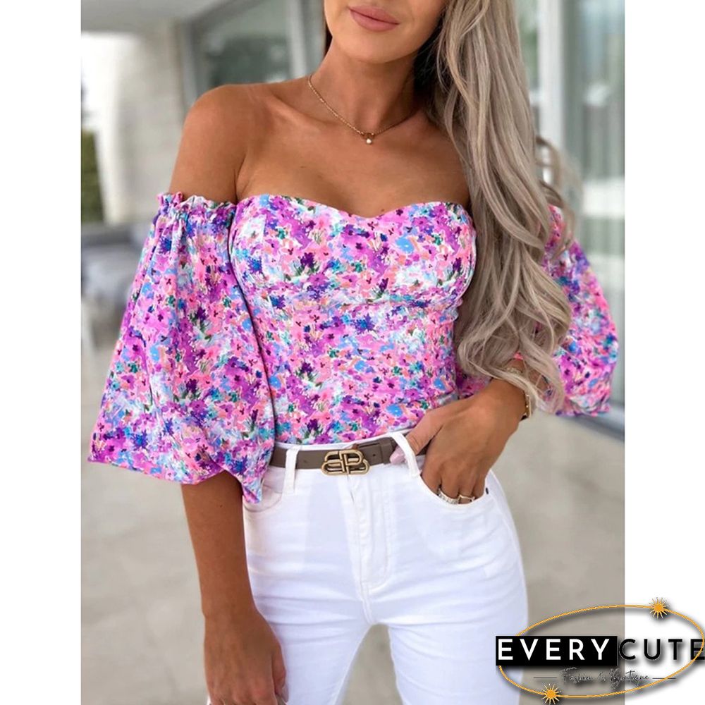 Light Purple Floral Print Off Shoulder Puff Sleeves Tops