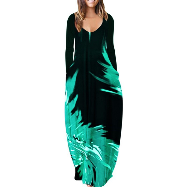 Womens Loose Pocket Boho Vintage Hole Dress Full Long Sleeper Spring Party Beach Maxi Big