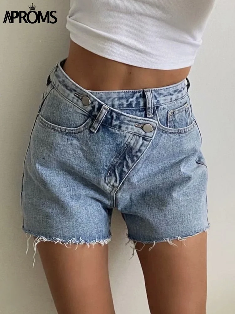 Abebey Vintage Tassel Blue Denim Shorts Women Casual High Waist Bottoms  Summer Streetwear Fashion Solid Color Jeans Shorts