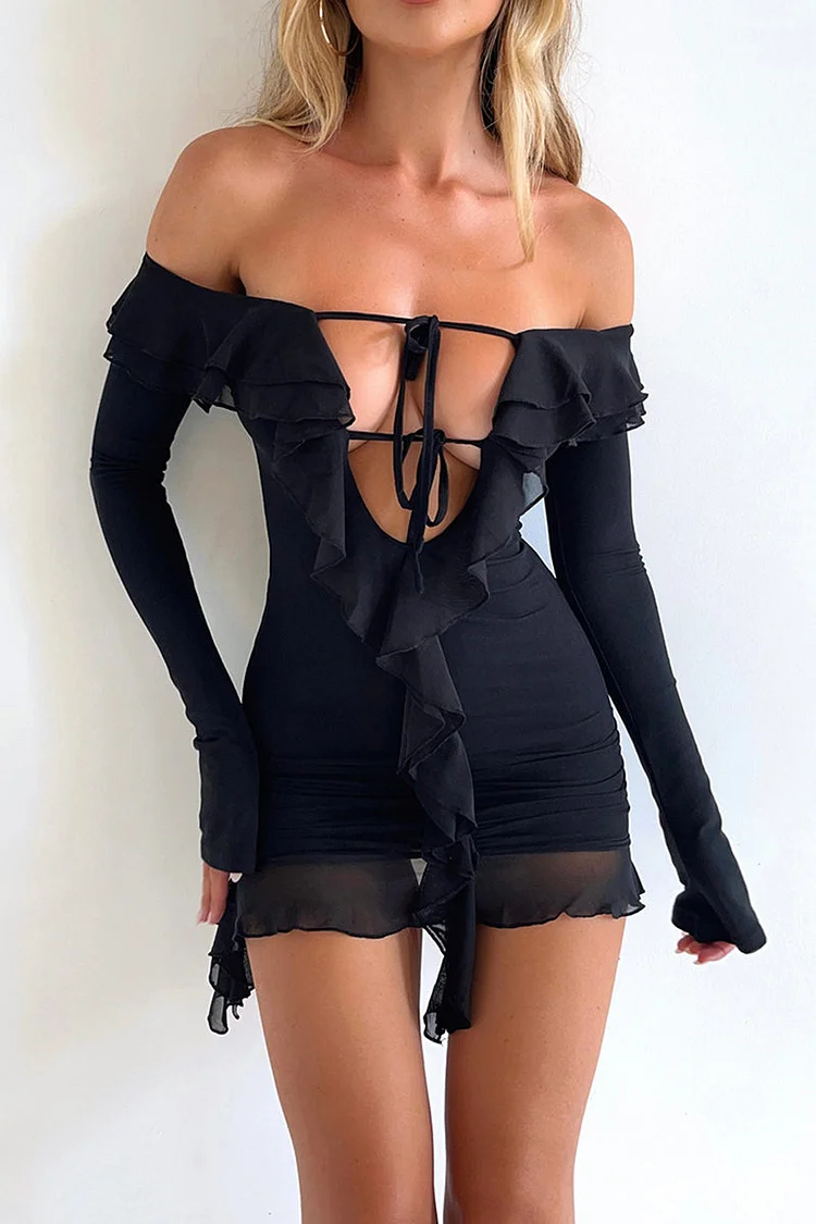 Off Shoulder Long Sleeve Tied Up Ruffle Party Mini Dress