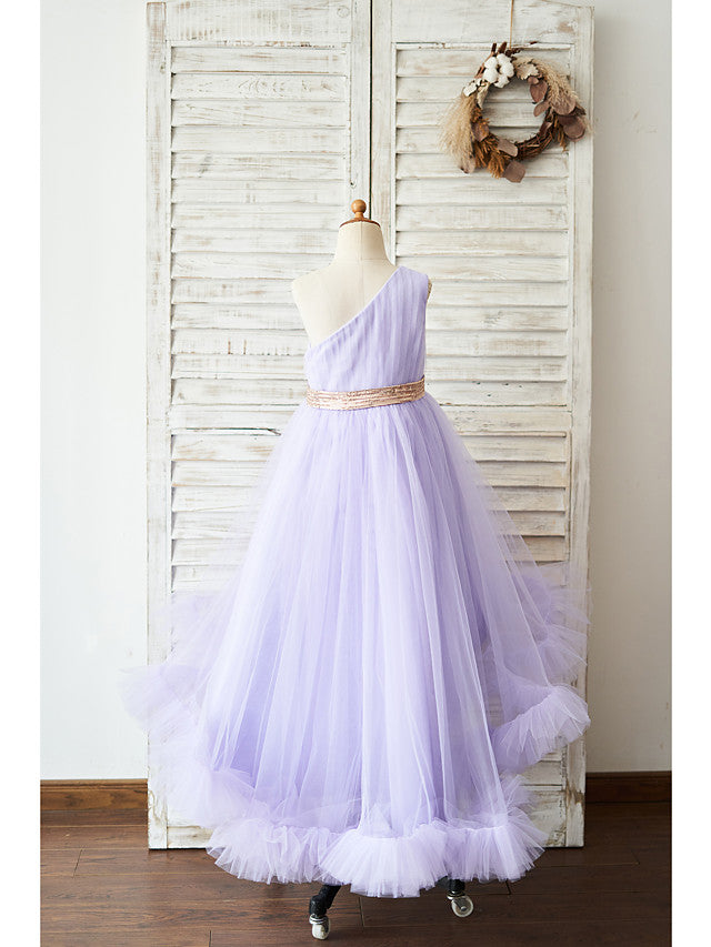 Daisda Sleeveless One Shoulder Ball Gown Asymmetrical Flower Girl Dress Tulle With Belt