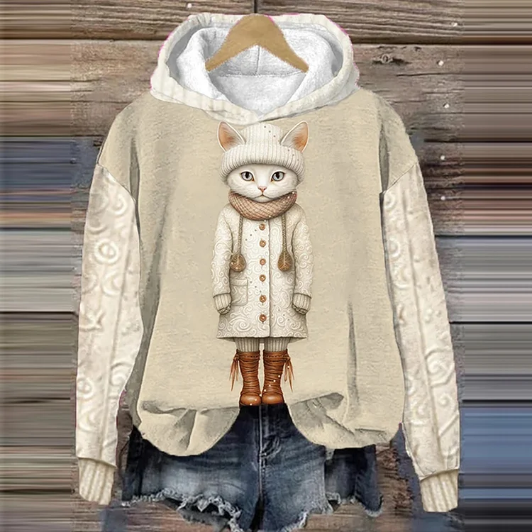 Comstylish Winter Funny Cute Wonderland Clothing Clipart Cat Printed Hooded