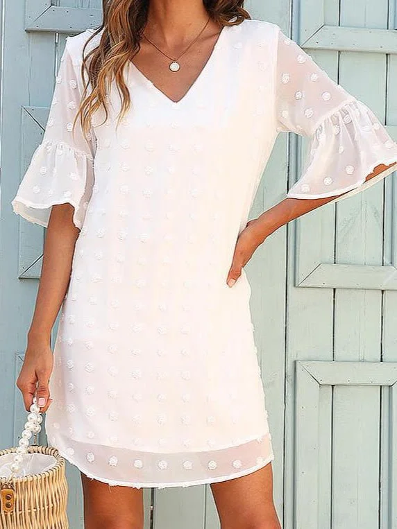 Women'S Dresses Solid Jacquard Dots Chiffon Short Sleeve Dress