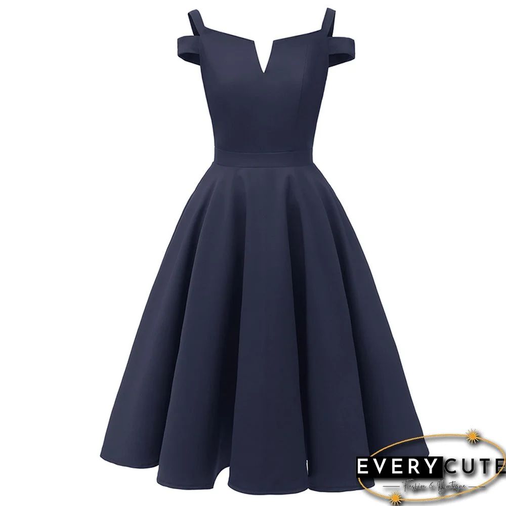 Navy Blue V Neck Cold Shoulder Pleated Dress