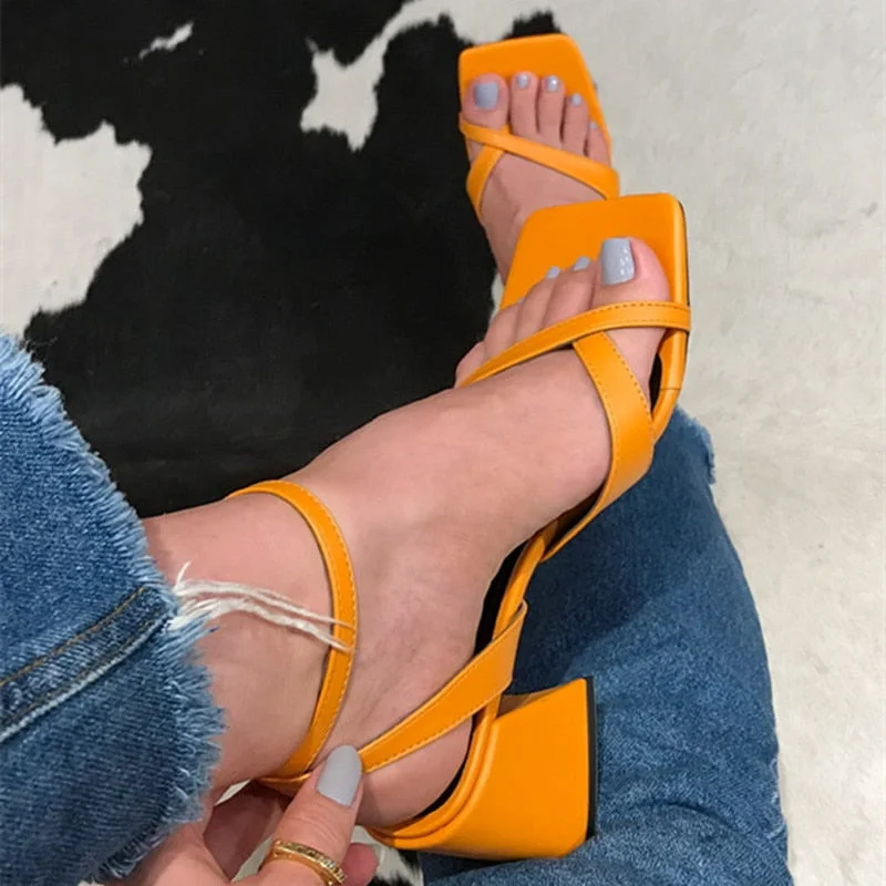  2022 Women's Sandals Sexy Thick High Heels Buckle Candy Solid Color Casual Summer Footwear Ladies Shoes Party Sandals Women