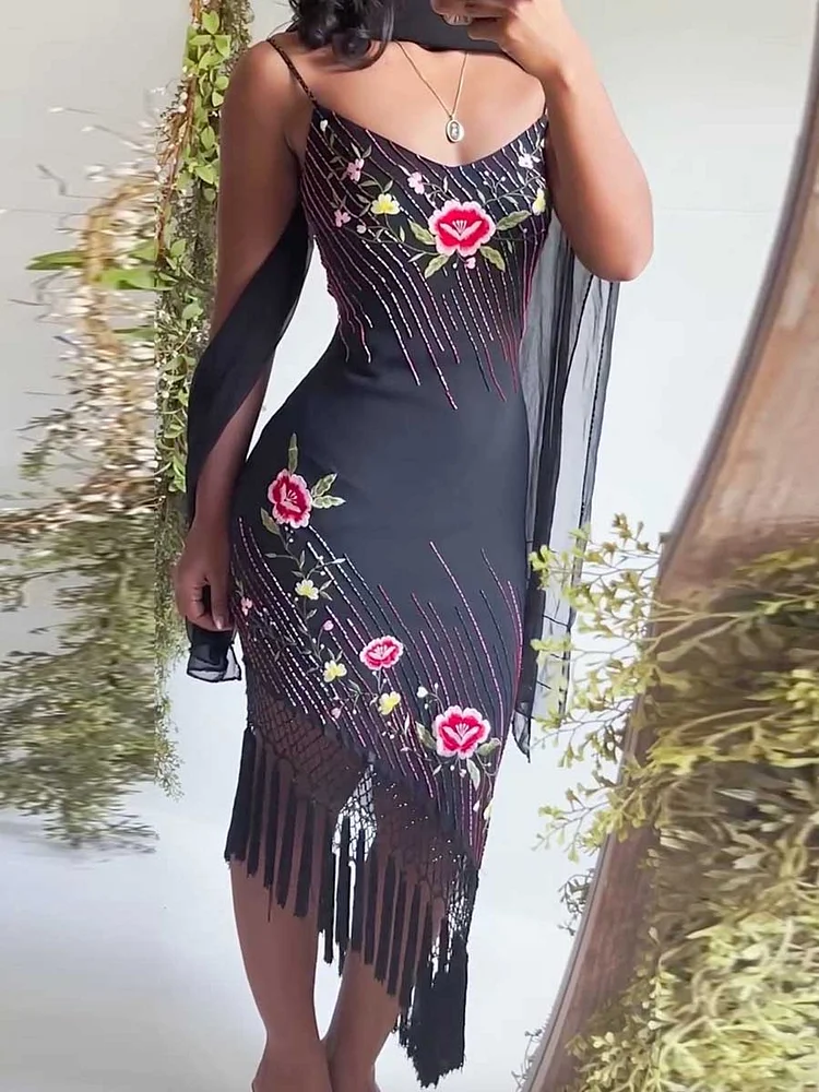 Shiny Sequinned Flower Embroidered Spaghetti-Neck Sleeveless Tasseled Asymmetric Midi Dresses Fairytale Dress