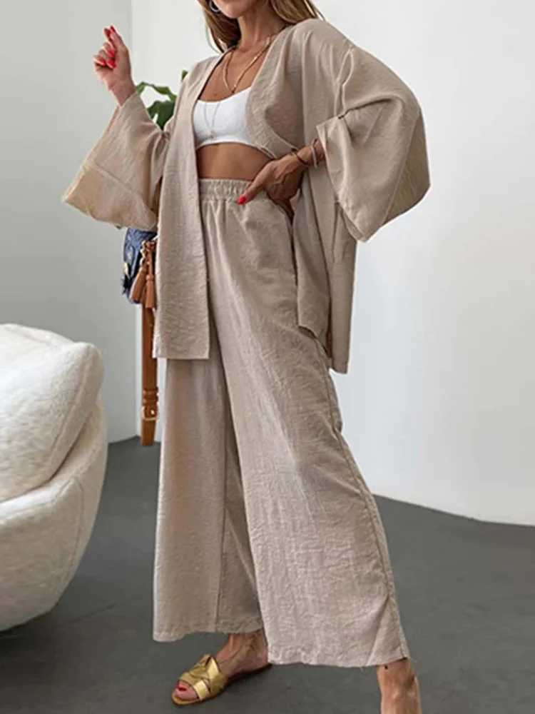 Casual Long Sleeve Cardigan Pocket Wide Leg Pants Two Piece Set