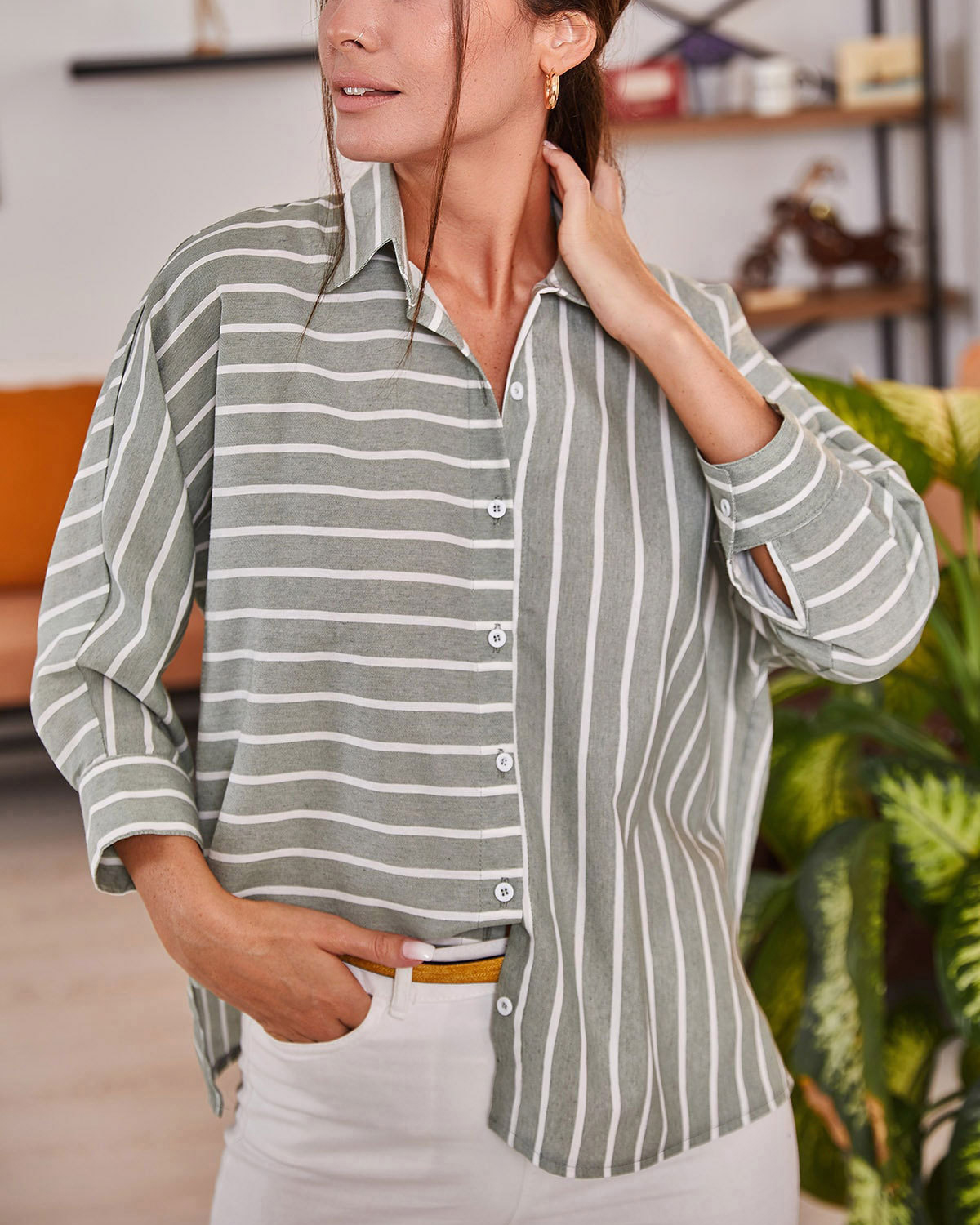 Striped Three Quarter Sleeve Button Down Shirt