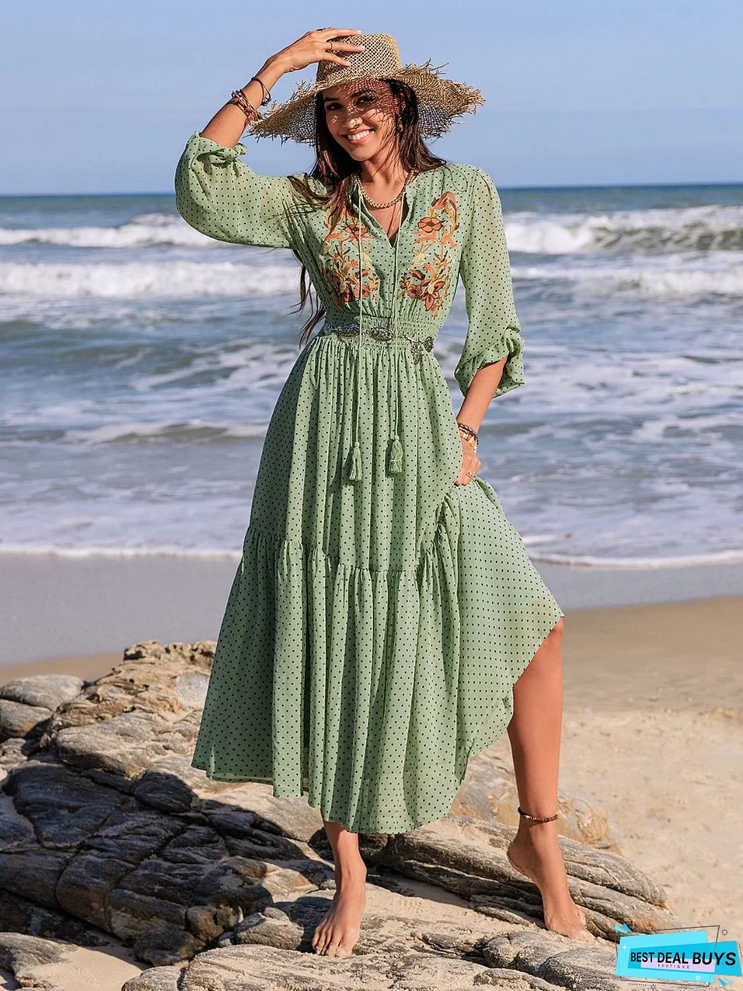 Embroidered Polka Dot Tie Neck Long Sleeve Midi Dress