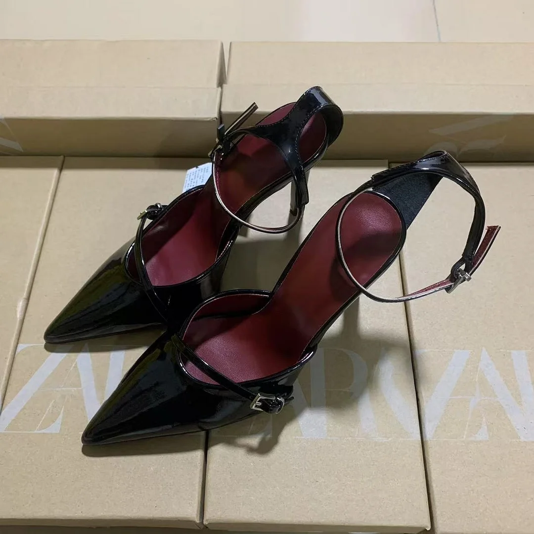 Breakj Breakj Home 2025 Fashion New Pointed Women's Shoes Classic White Patent Leather Shallow Heel Stumbling Women's High Heel Sandals