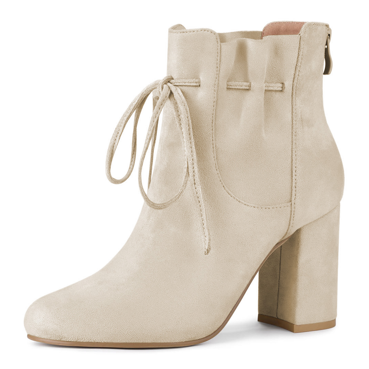 Ivory Tie Styling Round Toe Chunky Heel Ankle Boots with Back Zipper Nicepairs