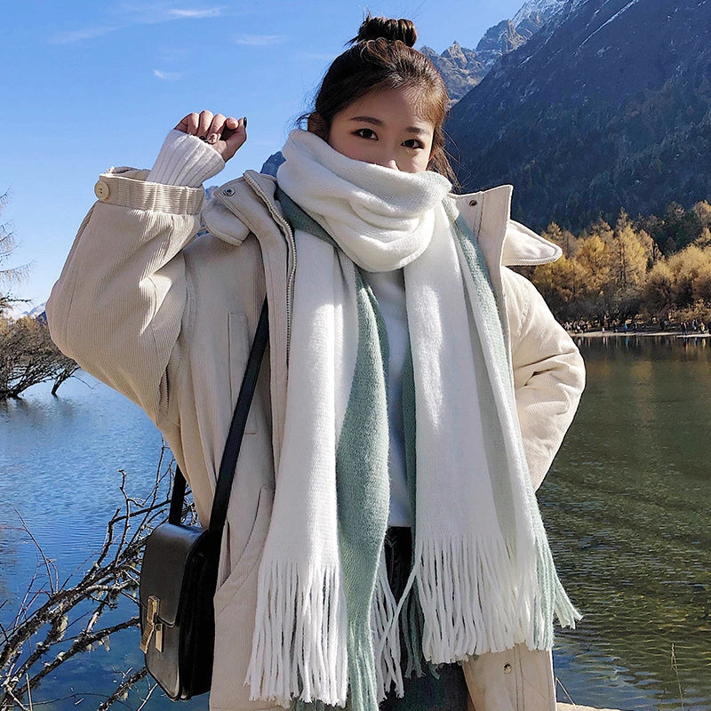 Imitation Cashmere Scarf Women’s Autumn And Winter Color-blocking Warm Japanese And Korean Style Couple Thickened Scarf Two-color Tassel Scarf