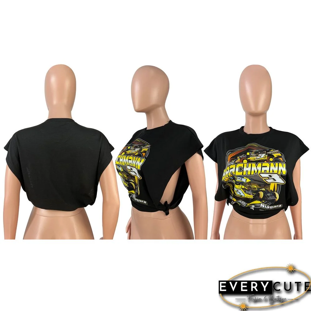 Racing Print Sleeveless Side Cutout T-Shirt Top