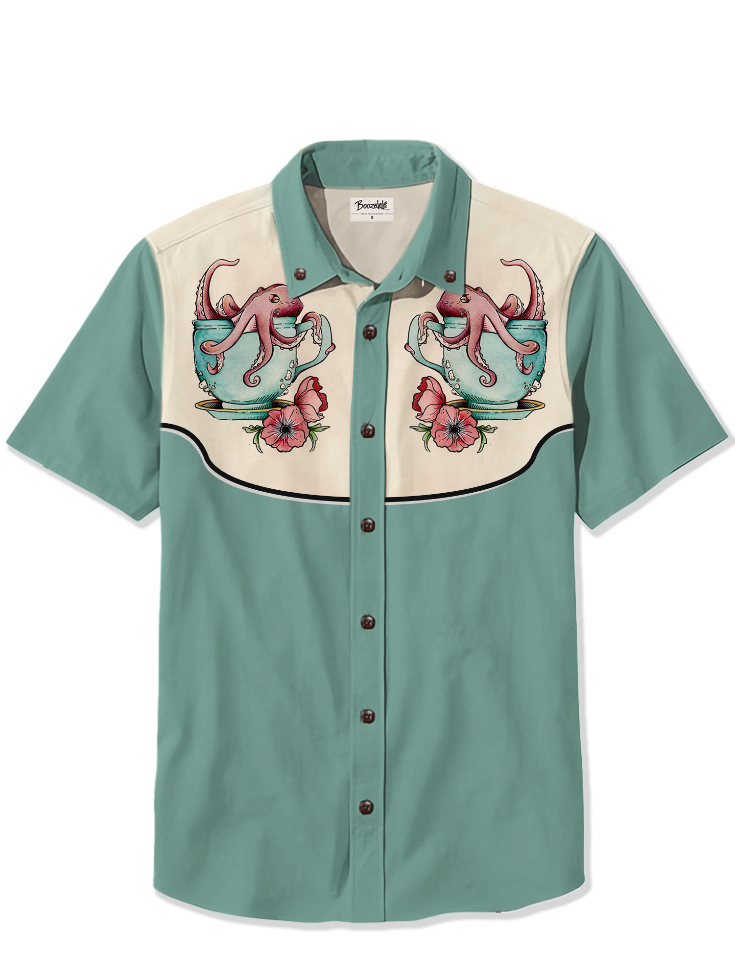 Marine Animals Octopus In Cup And Flowers - 100% Cotton Shirt