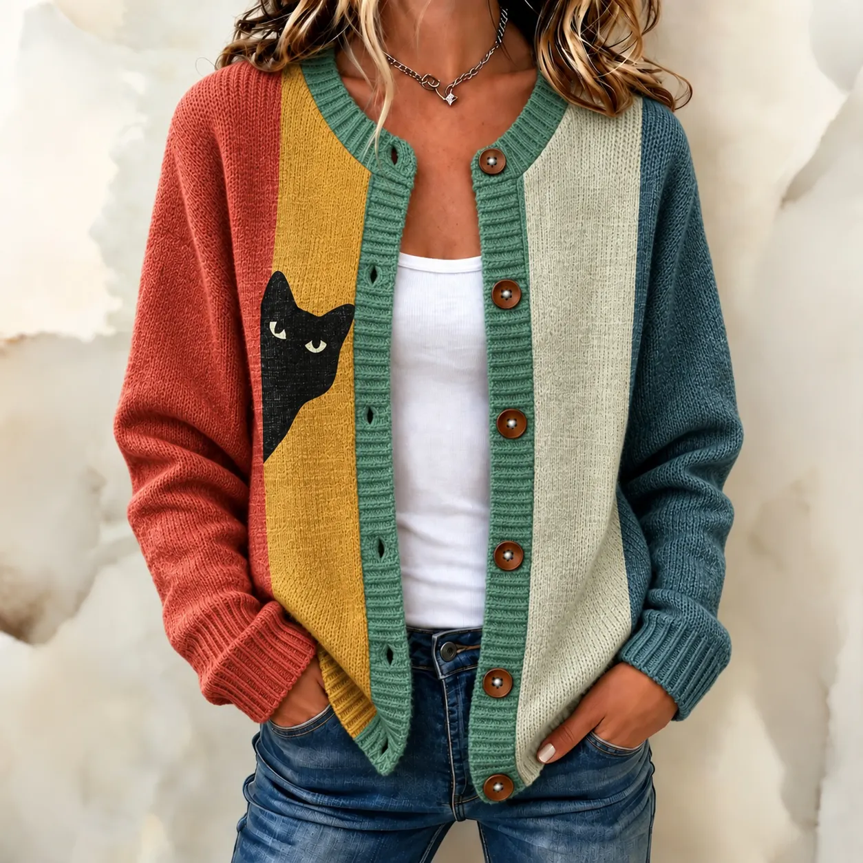 Comstylish Women's Abstract Stripe Art Peeking Black Cat Pattern Art Casual Knit Cardigan