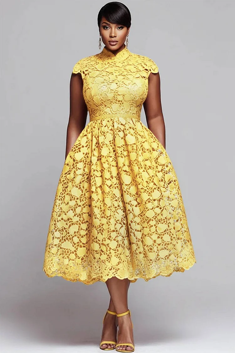 Xpluswear Design Plus Size Valentines Red Round Neck Pocket Elegant Cut Out Lace Midi Dresses 2024 - Xpluswear