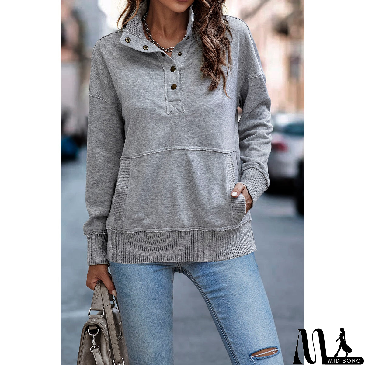 MidiSono - Chic Collared Block Button-Up Sweater